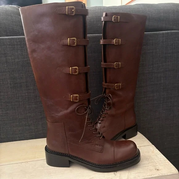 Jeffrey Campbell Moss Boot Brown Knee-High Distressed Leather Size 8 NWT